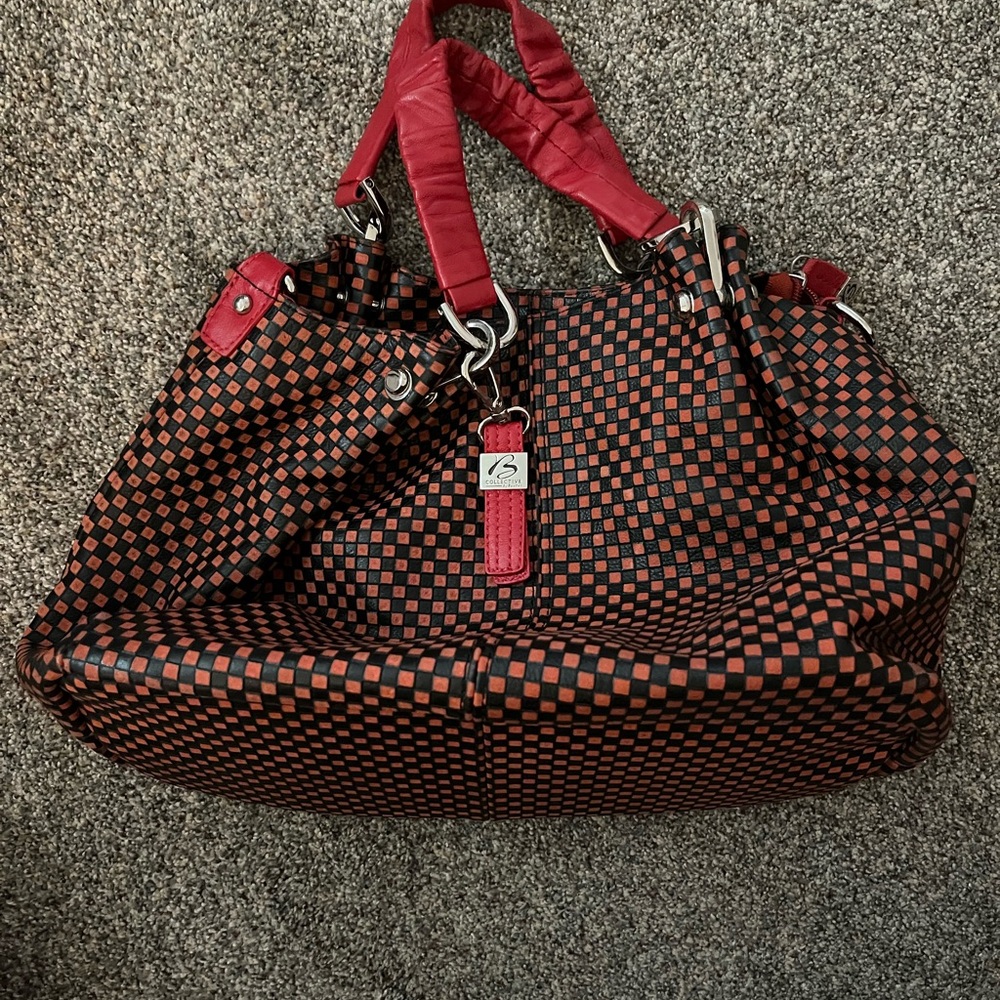 B Collective Red and Black Checkered Leather Women's Bag